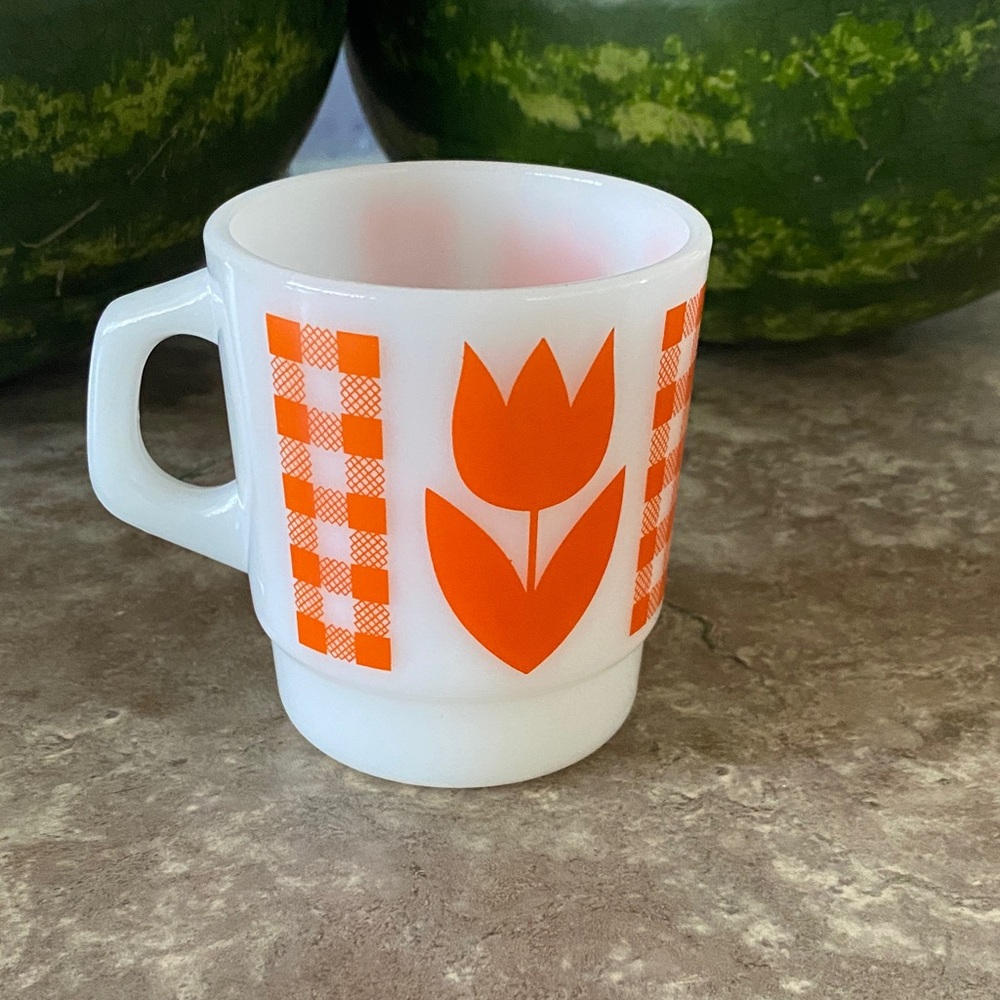 Vintage Mug with Orange Tulip Design. Milk glass